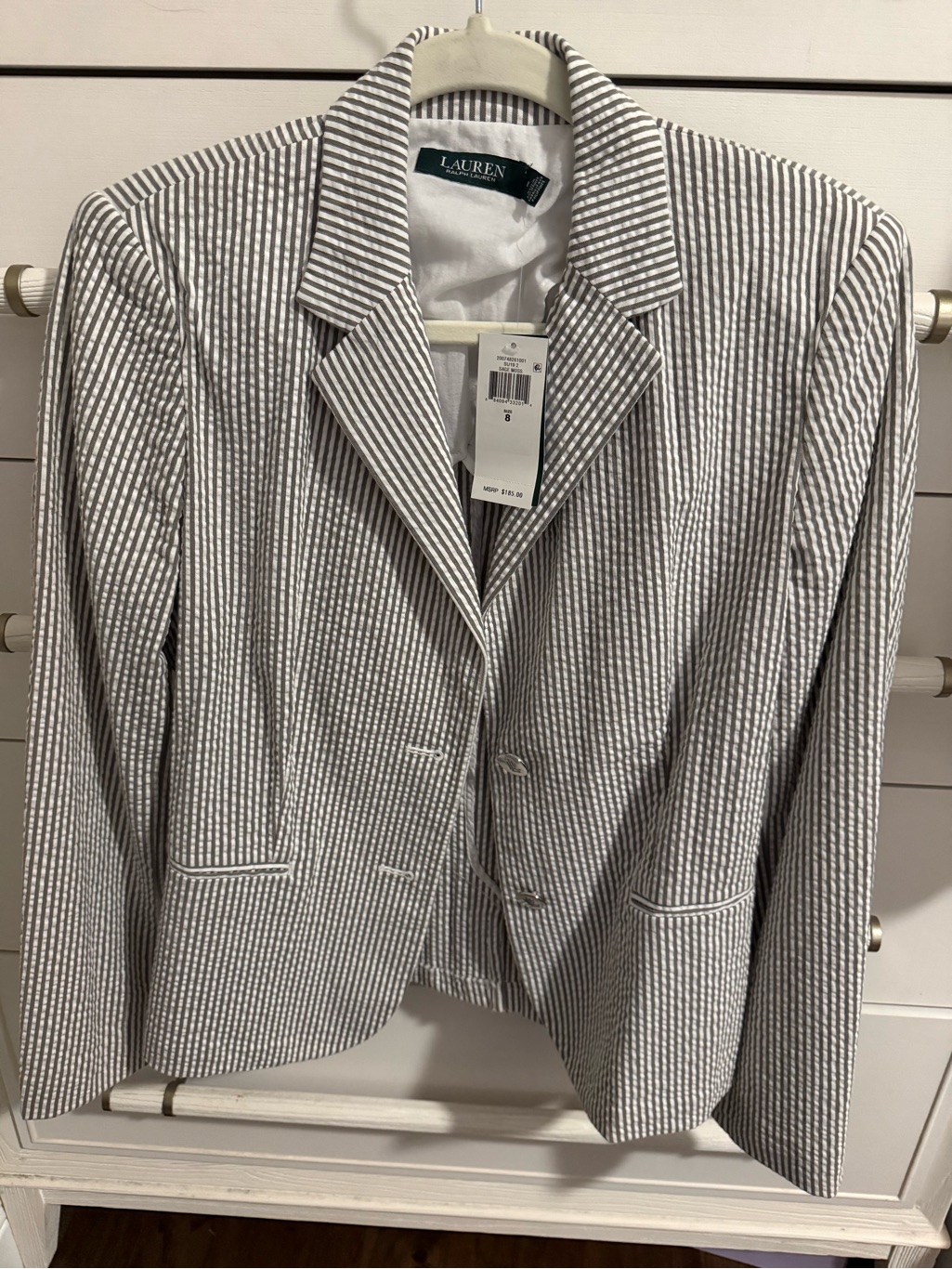 Lauren Ralph Lauren Gray & White Striped Seersucker Blazer